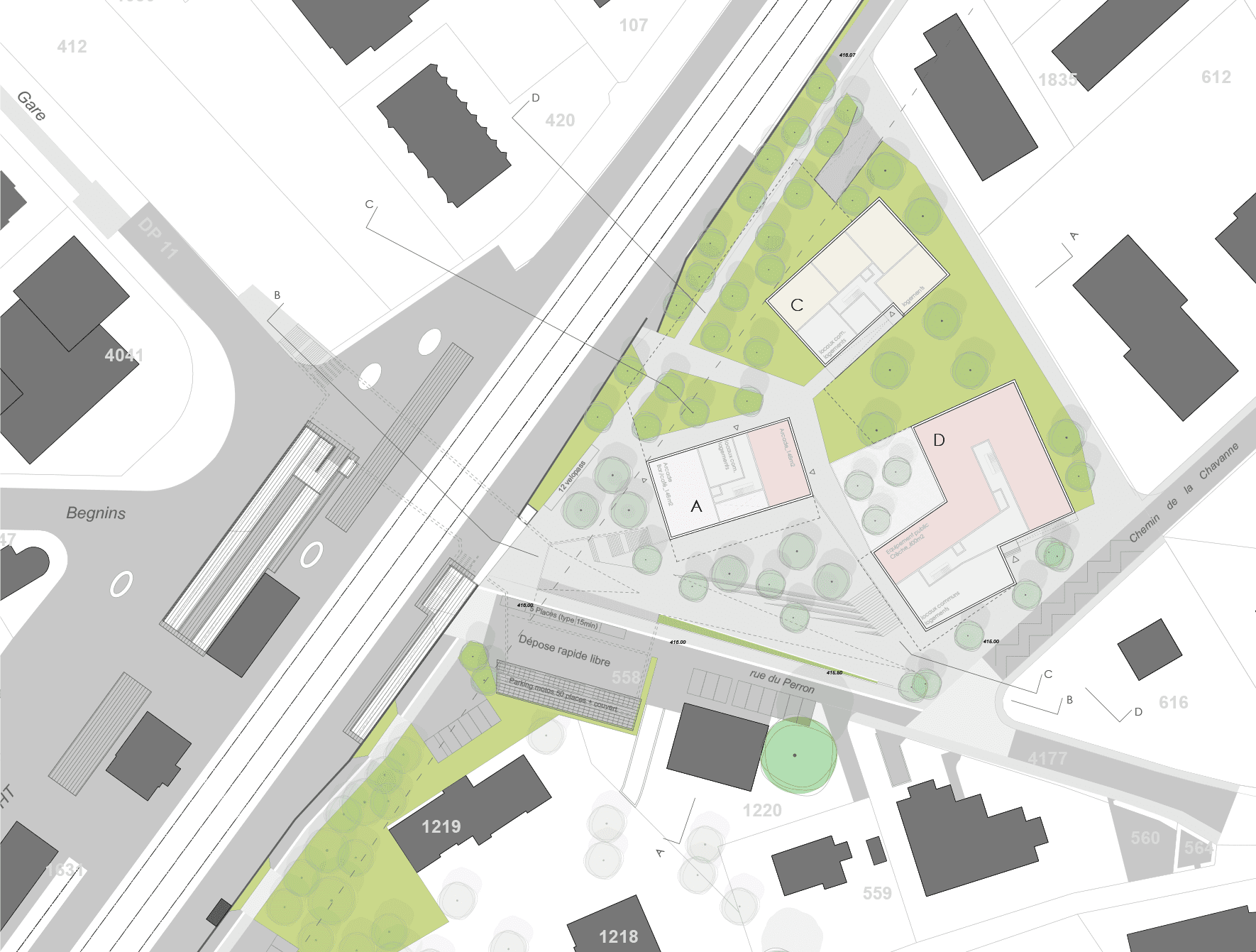 Illustration du projet PA Gare Sud à Gland, avec aménagements extérieurs